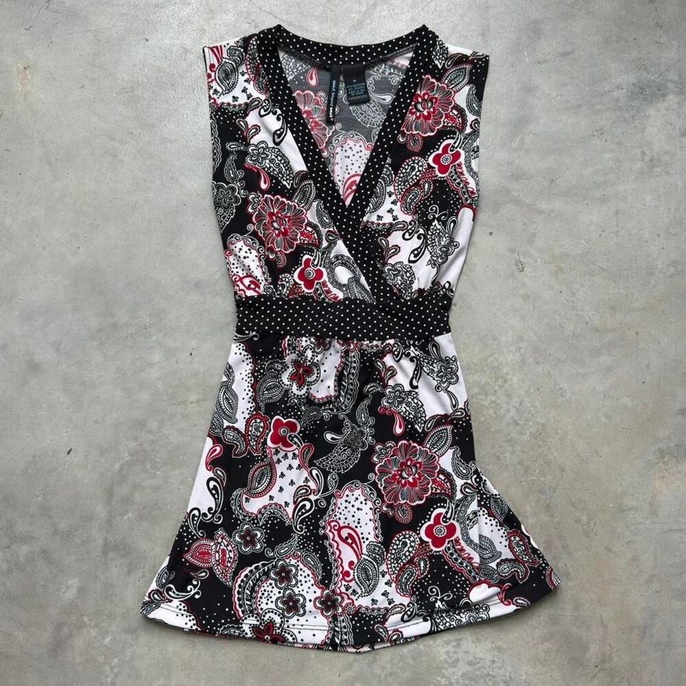 Y2K paisley print babydoll top with polka dot trim and bow detail Size M